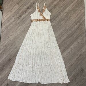 Zury Boho Maxi Dress White Gold Sequin Paisley Festival Beach Free Size Goddess